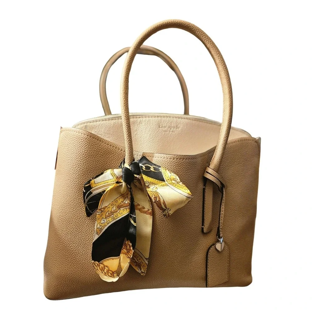 Kate Spade New York Beige Pebbled Leather Tote Bag with Scarf and Heart Charm